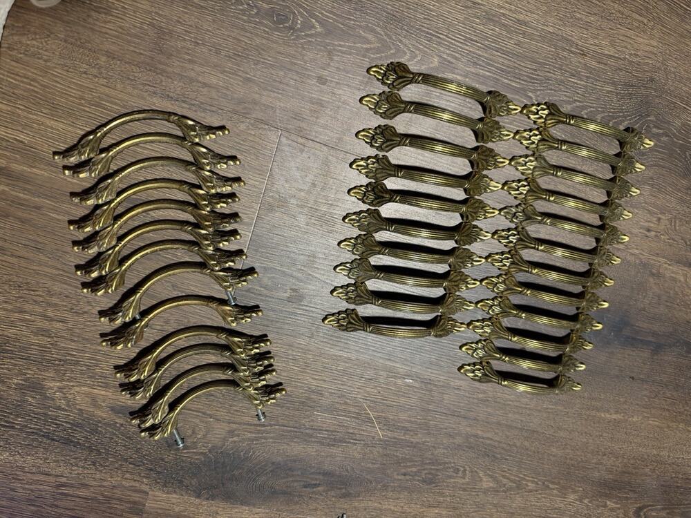Vintage Amerock Brass Drawer Pulls 22 straight &13 more curved drawer pulls 3in